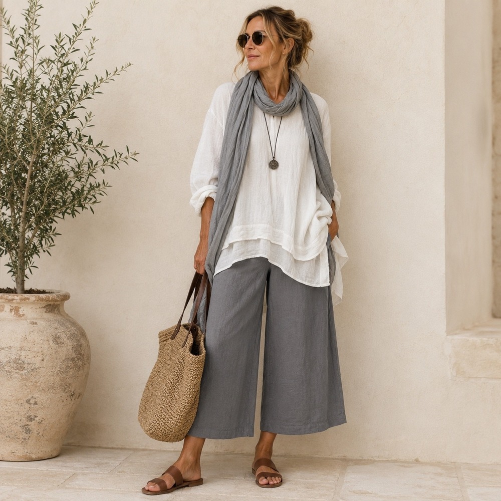 Eileen Fisher Wide Leg Cropped Linen Pants Womens S Gray Lagenlook‎ Quiet Luxury